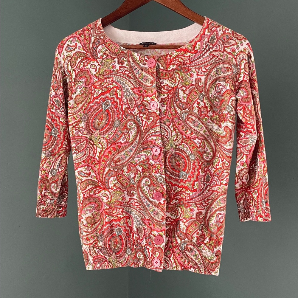 Talbots Multicolor Paisley cardigan with Pink Button